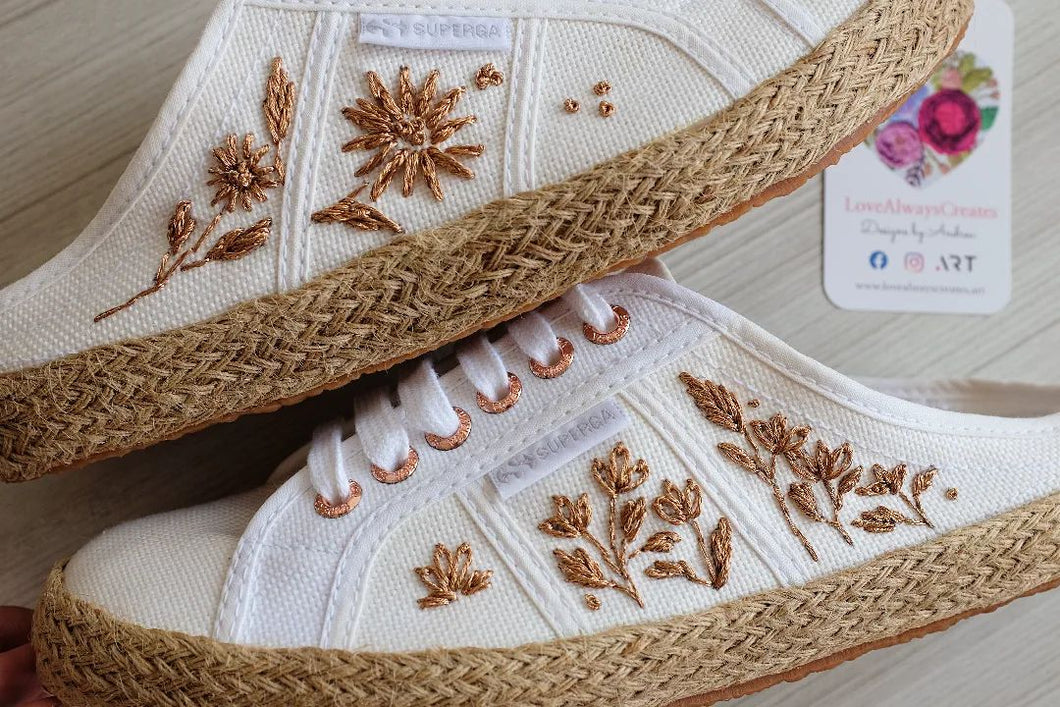 Rose Gold Flowers on Superga 2402 Mules (Espadrille with Rose Gold Eyelets)