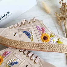 Load image into Gallery viewer, Sunflowers on Superga 2402 Mules (Espadrille with Rose Gold Eyelets)
