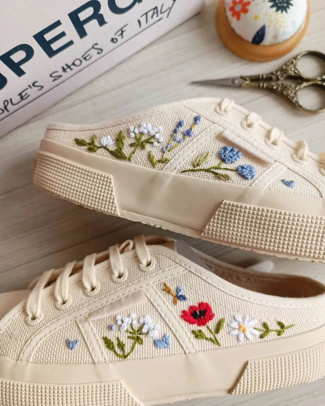 Poppy / Small flowers Design on Superga 2402 Mules (Beige / Natural)
