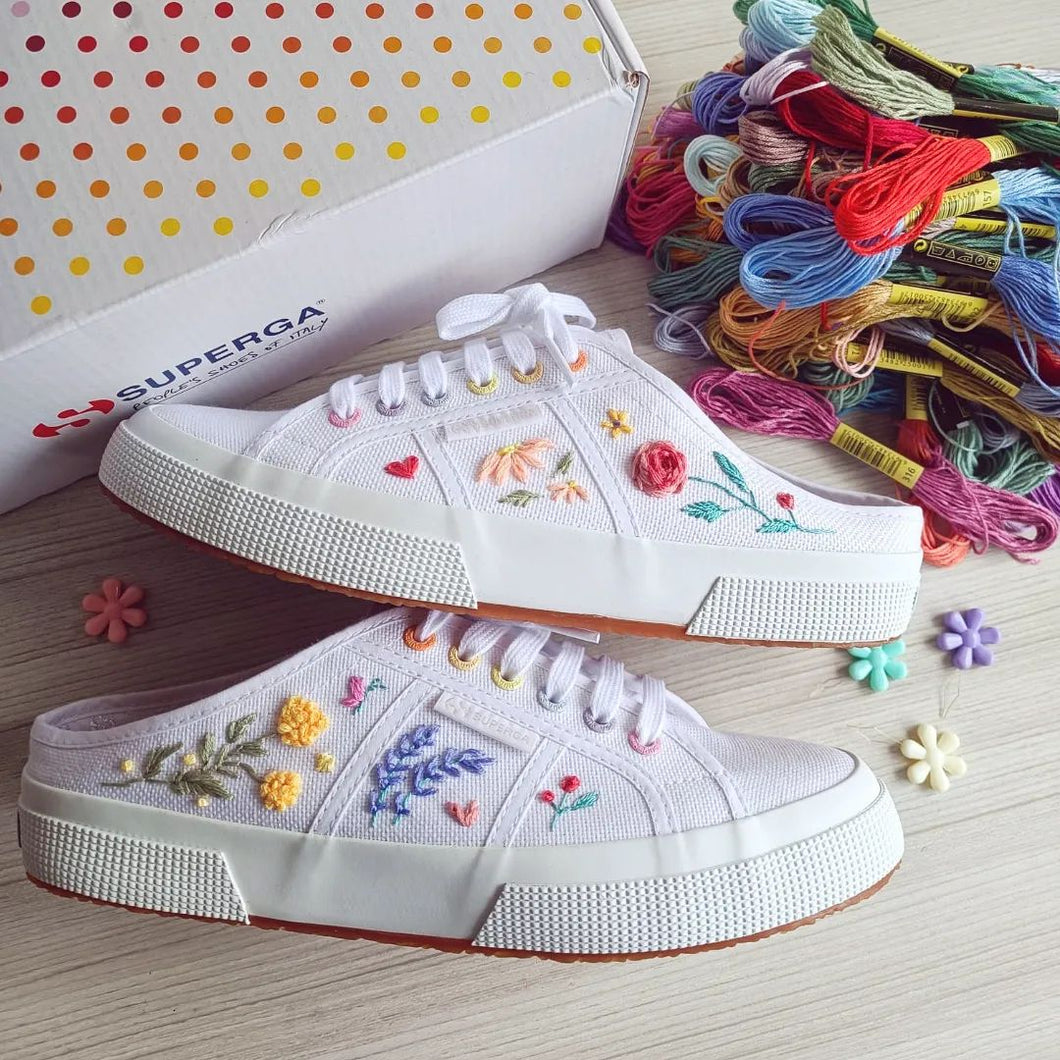 Wildflower design on Superga 2402 Mules (White with Rainbow Eyelets)