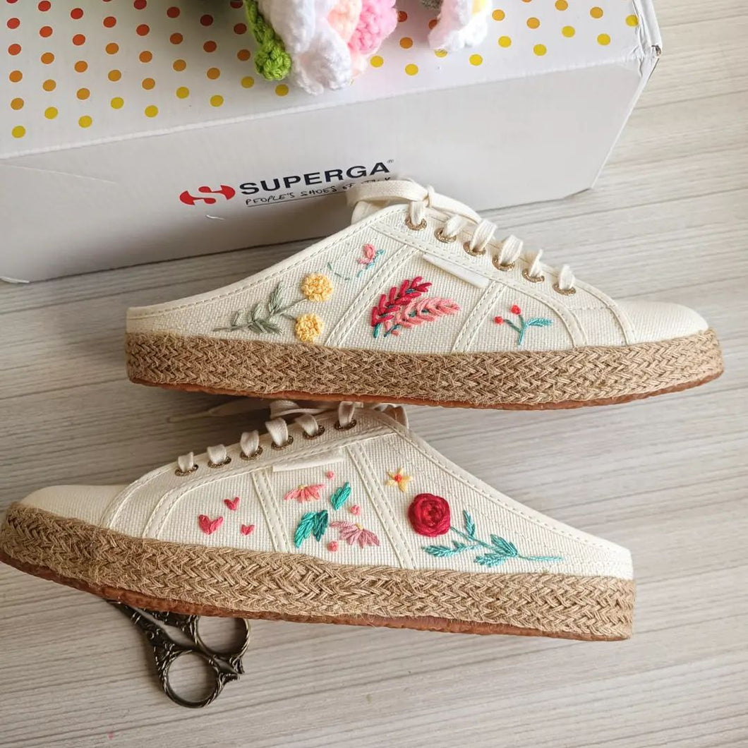 Wildflower design on Superga 2402 Mules (Espadrille with Gold Eyelets)