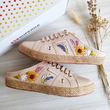 Load image into Gallery viewer, Sunflowers on Superga 2402 Mules (Espadrille with Rose Gold Eyelets)
