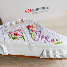 Load image into Gallery viewer, Joyful Tulips design on Superga 2402 Mules (Rainbow Eyelets)
