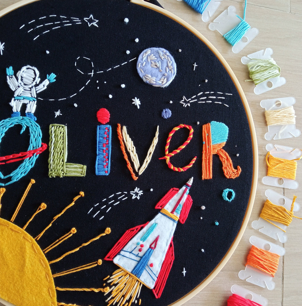 Astronaut Rocket Name Embroidery Hoop